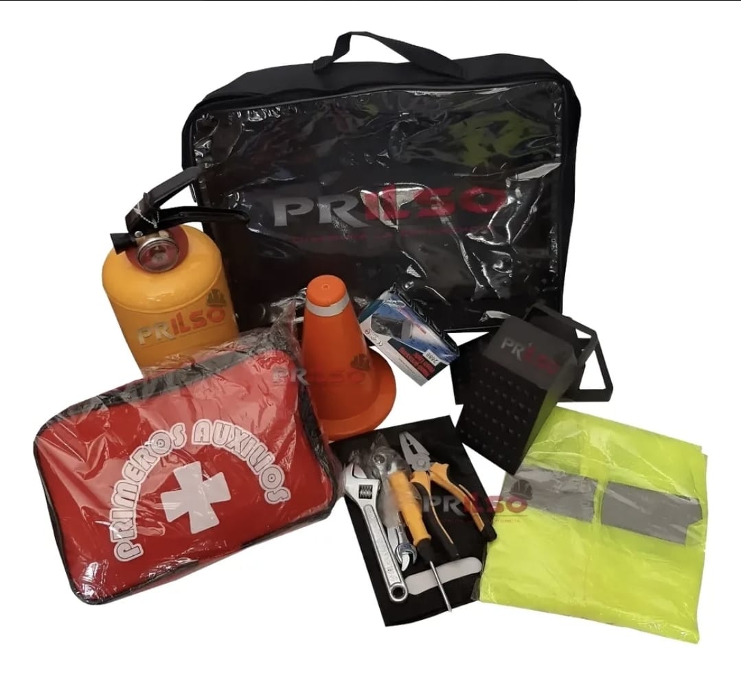 Kit de carretera en bolso con extintor y elementos de emergencia